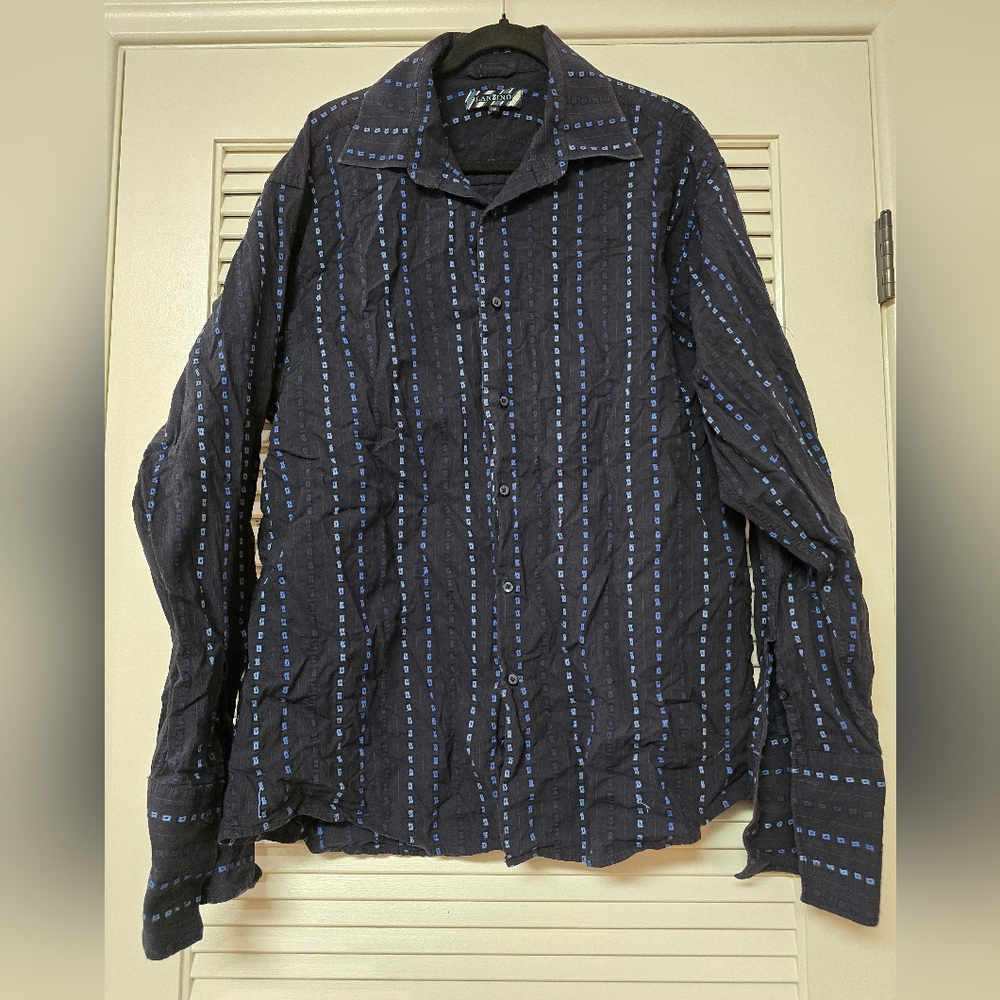 Lanzino - Men's 100% Cotton Black & Blue Long-Sleeve Button-Up Shirt